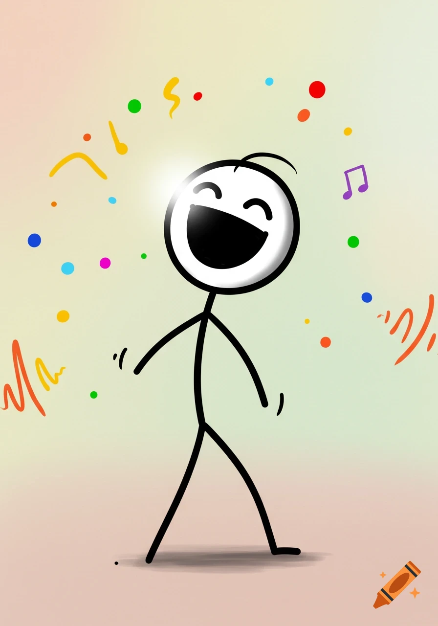 A happy stick figure laughing, with a bright glow around its head,  surrounded by colorful dots and abstract music notes on a light background.  on Craiyon, image size:896x1280