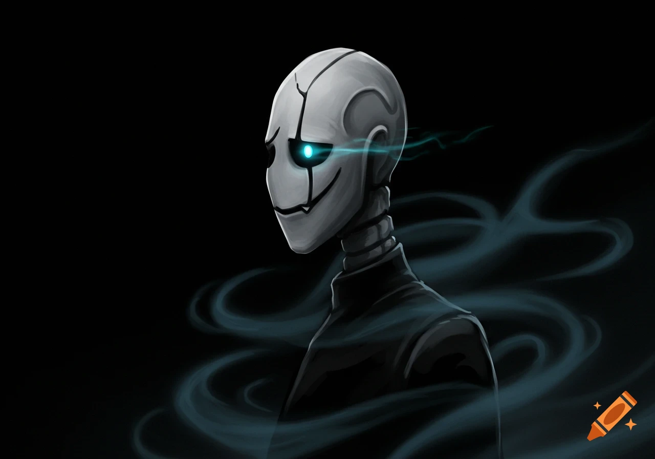 Gaster, a skeletal figure with a cracked white head, glowing blue eye, and eerie grin, surrounded by blue smoke against a dark background.