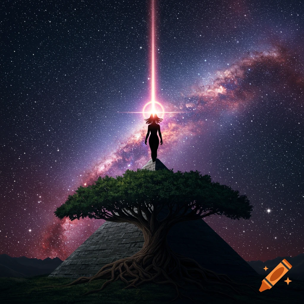 A silhouetted woman stands atop a pyramid and tree, emitting a pink light beam into the starry galaxy night sky.