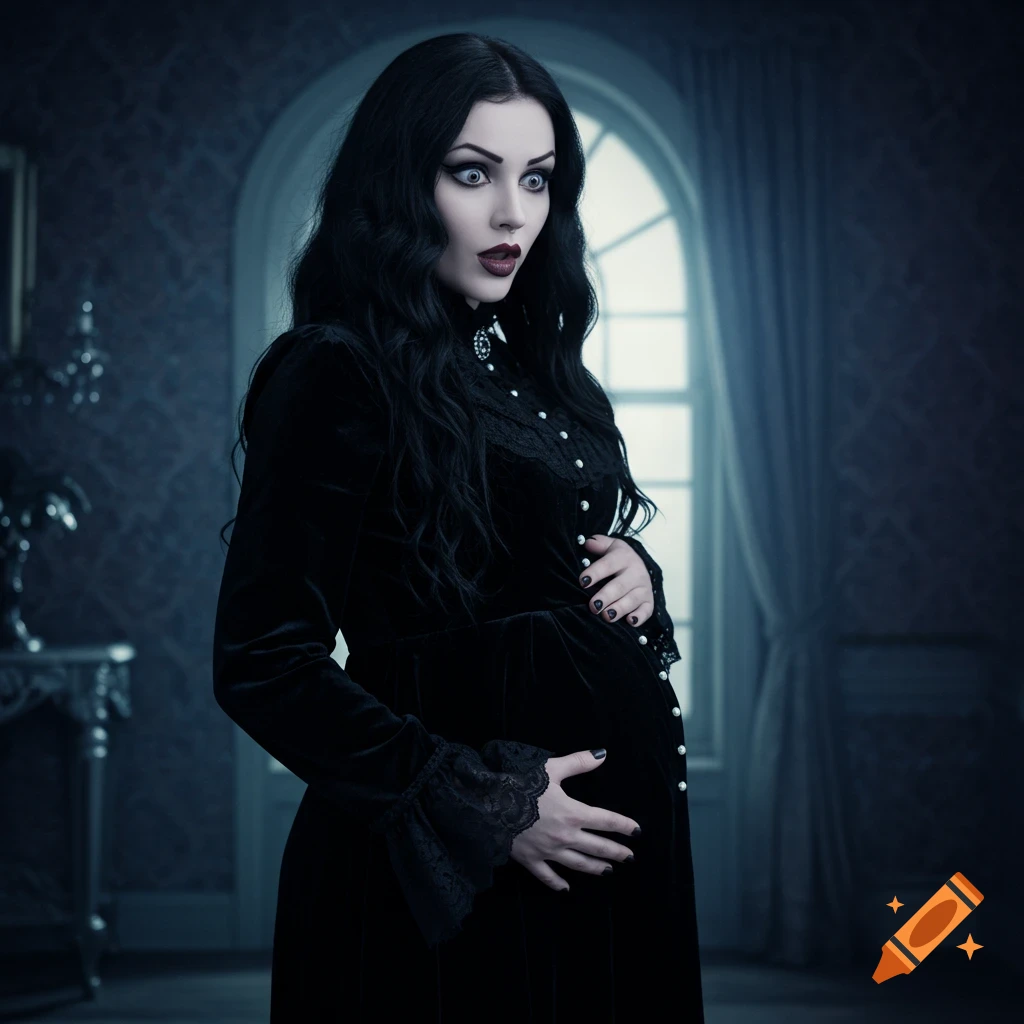 A wide-eyed goth woman in a black velvet dress looks down at her pregnant belly in a dark, elegant room.