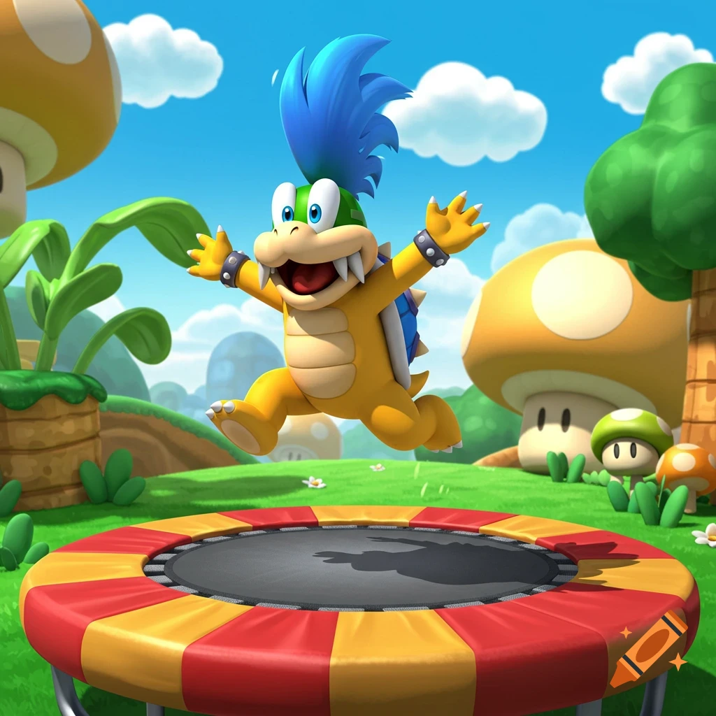 Larry Koopa, a cartoon character with blue hair, jumps gleefully on a red and yellow trampoline in a vibrant fantasy landscape with large mushrooms.