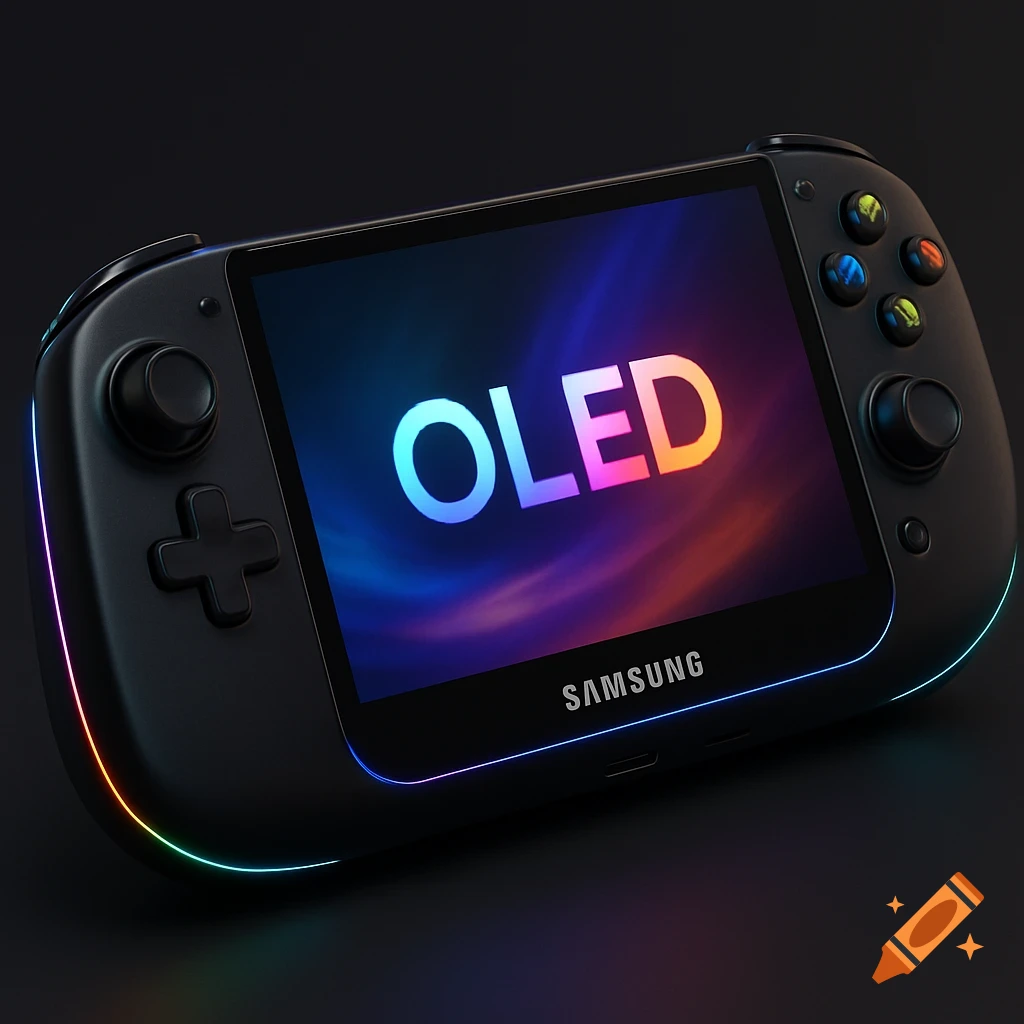A sleek black Samsung handheld gaming console with an 'OLED' display, RGB lighting, and ergonomic controls.