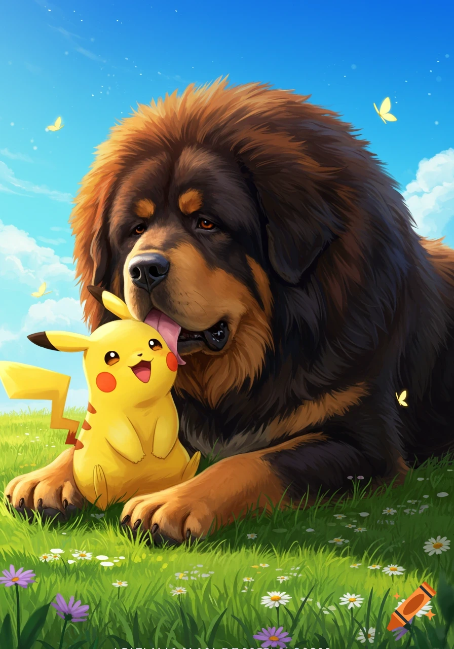 Fluffy Tibetan Mastiff dog licks a happy Pikachu in a sunny, grassy field with flowers and butterflies. Illustration.
