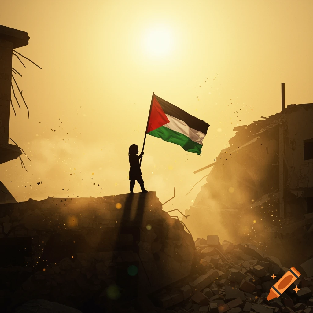 Silhouette of a child standing on rubble, holding a Palestinian flag under a hazy, orange sky.