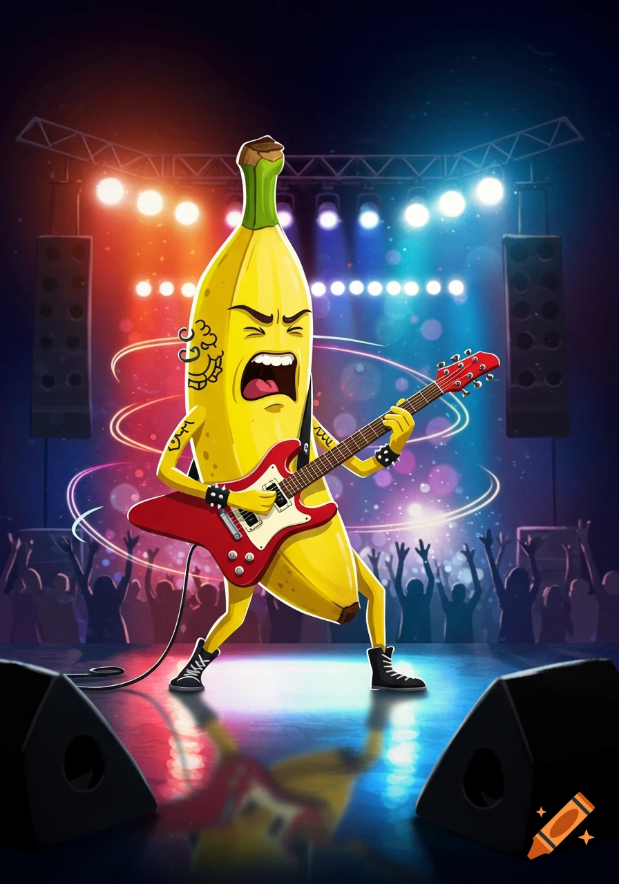 A cartoon banana with tattoos shreds an electric guitar on a brightly lit stage at a rock concert with a cheering audience.