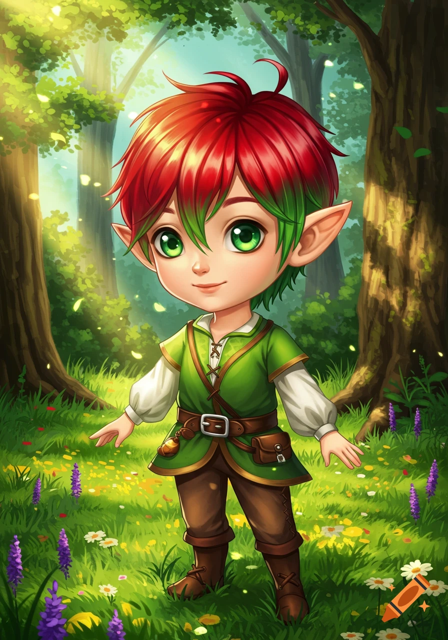 A cute anime forest gnome with red and green hair, green eyes, and a soft smile stands in a vibrant, sunlit forest with wildflowers.