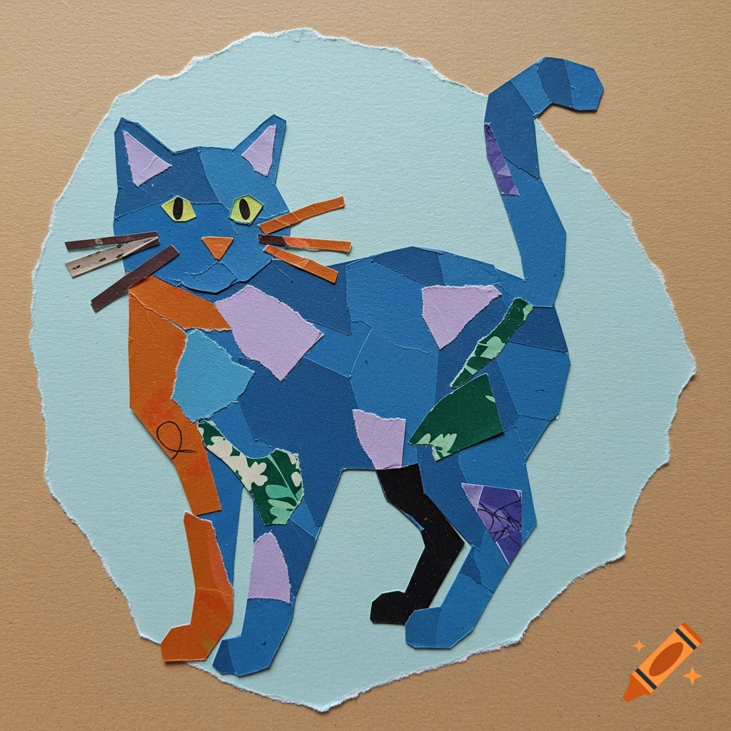 A blue cat made from a collage of torn construction paper on a light blue background.