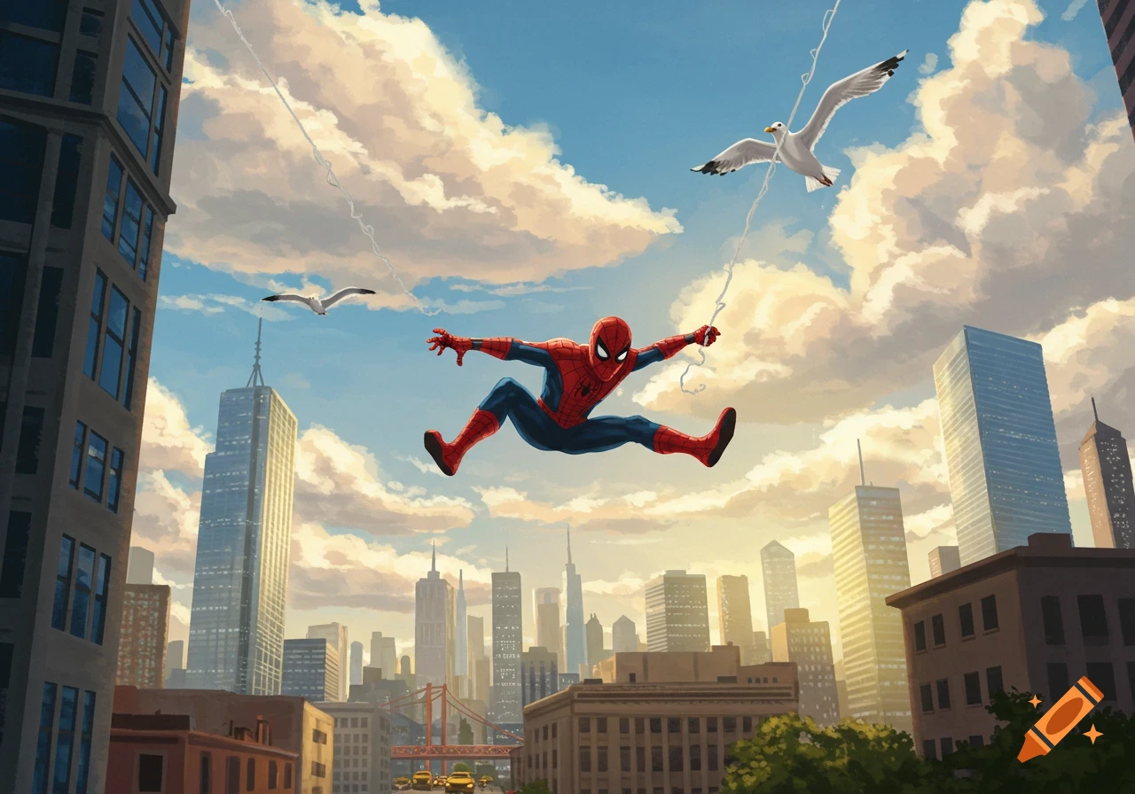 Spider-Man swings through a city skyline under a cloudy blue sky, with seagulls flying nearby. Comic book illustration.