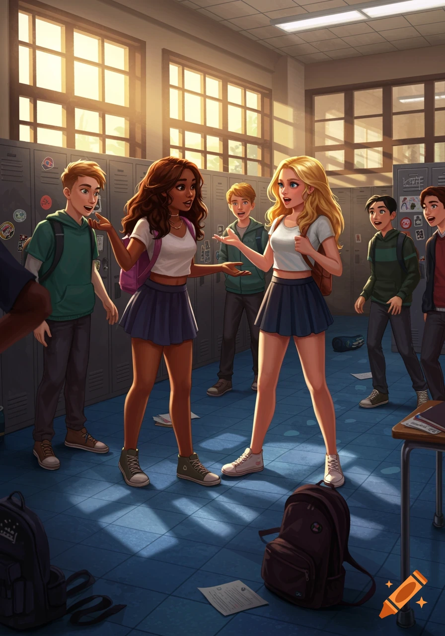 Two girls talk in a bright school hallway with several boys and lockers, in a digital illustration style.