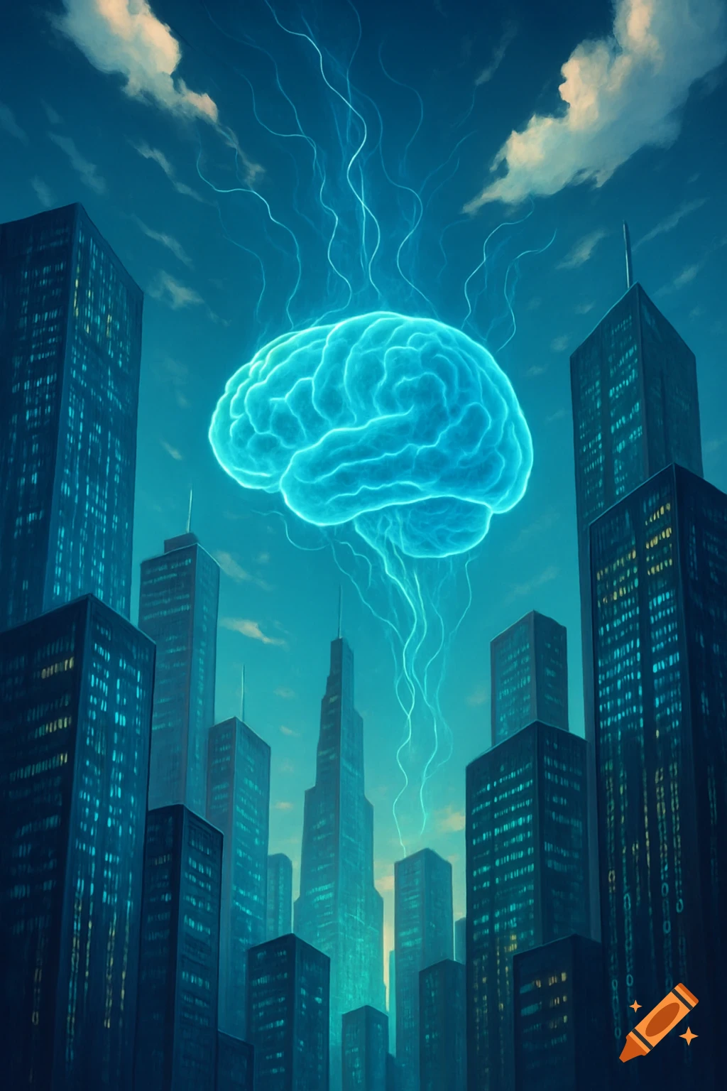A glowing blue brain floats above a futuristic cityscape with buildings displaying digital code patterns, under a twilight sky.