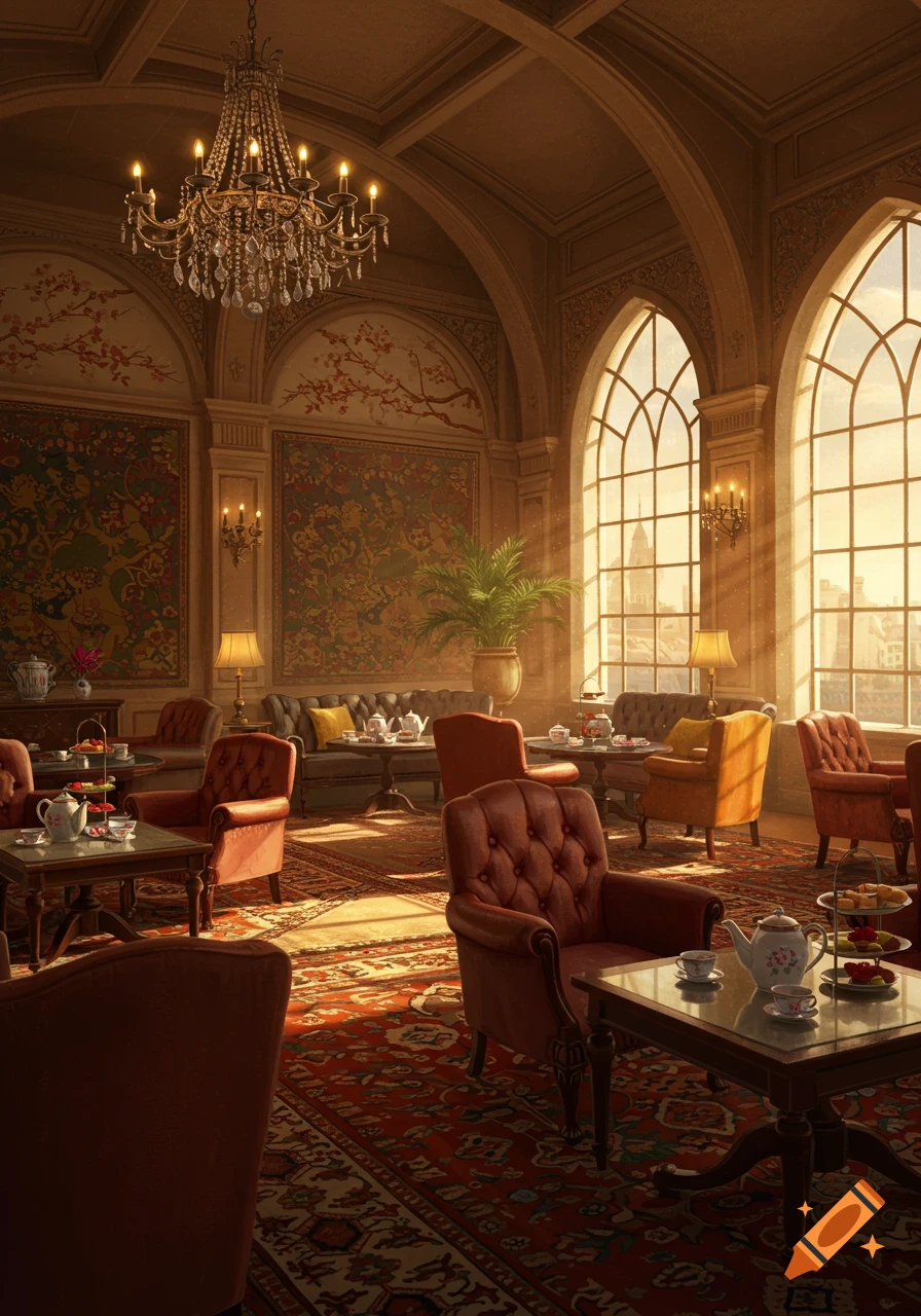 Grand, sunlit tea lounge with arched windows, chandeliers, ornate tapestries, and plush armchairs arranged for afternoon tea.