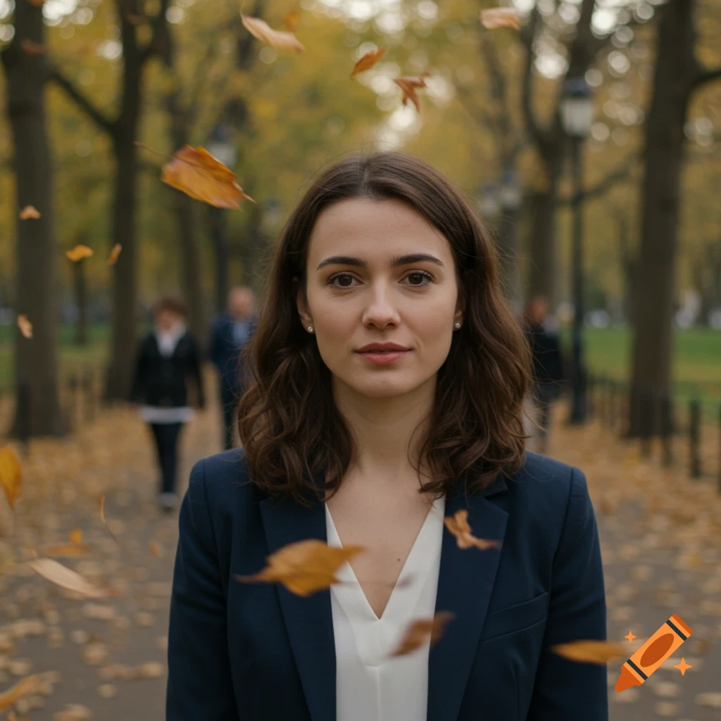 A photorealistic portrait of a woman with dark hair in a park during autumn, with blurred trees and falling leaves.