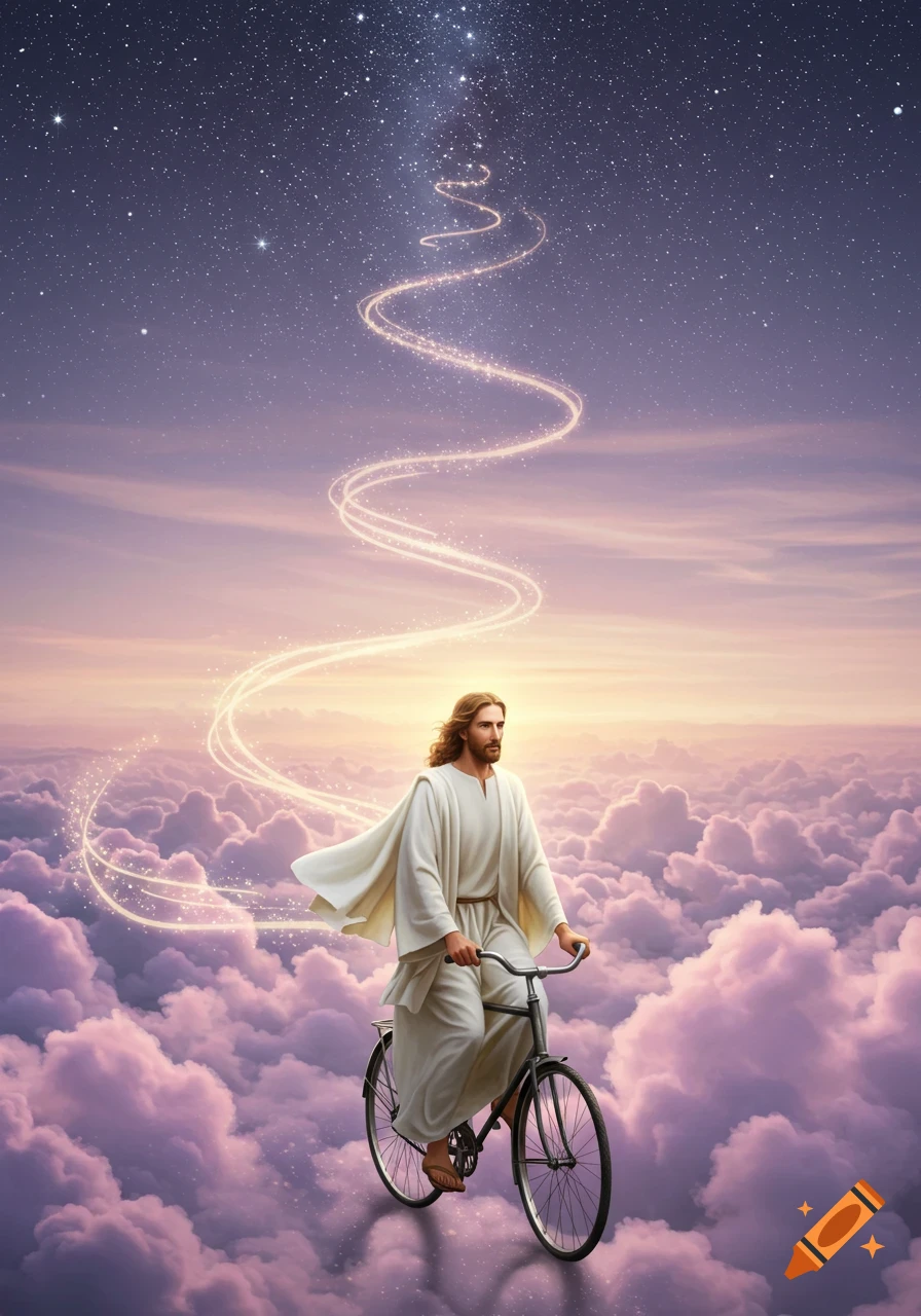 Jesus riding a bicycle on pink clouds under a starry sky with a swirling path of light.