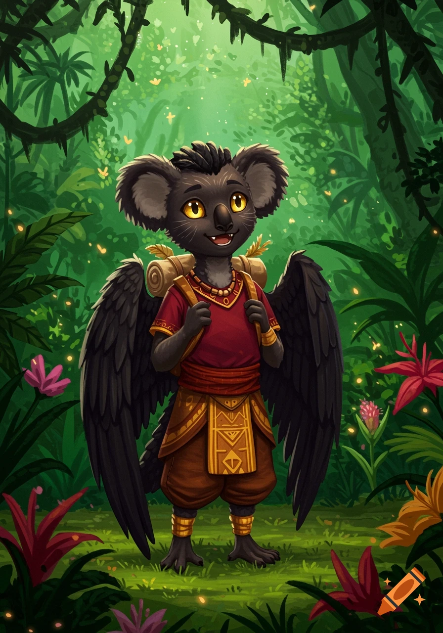 A cute, dark fantastical creature with koala ears, cat eyes, and crow wings, wearing a maroon and gold outfit, stands in a lush, glowing jungle.