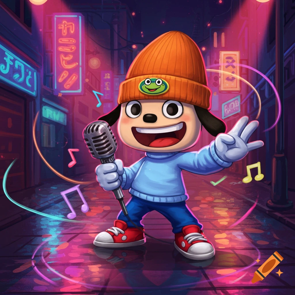 Cartoon character Parappa the Rapper holds a microphone in a vibrant, neon-lit city street at night.