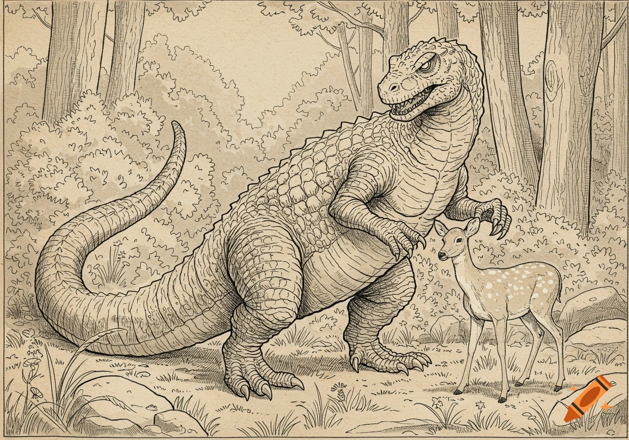 An antique coloring page illustration of a large dinosaur and a white-tailed deer standing together in a forest.