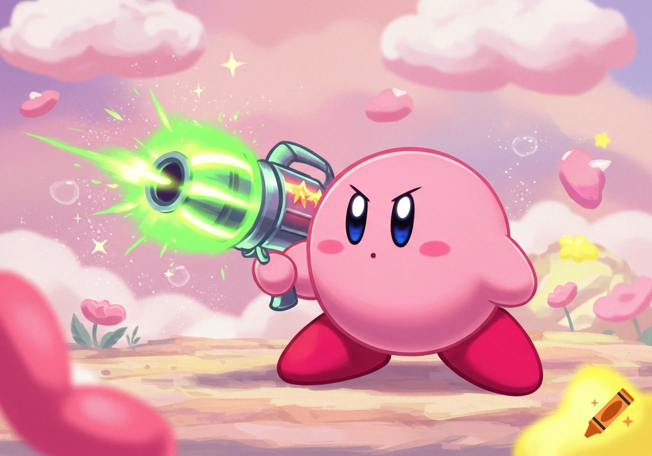 Angry Kirby firing a green energy gun in a whimsical, pastel pink landscape.
