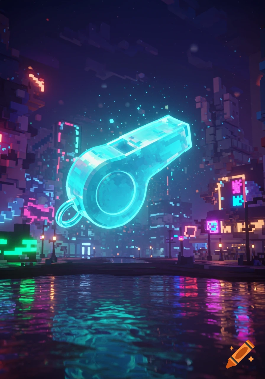 A glowing blue pixelated whistle floats above a reflective street in a neon-lit cyberpunk city at night.