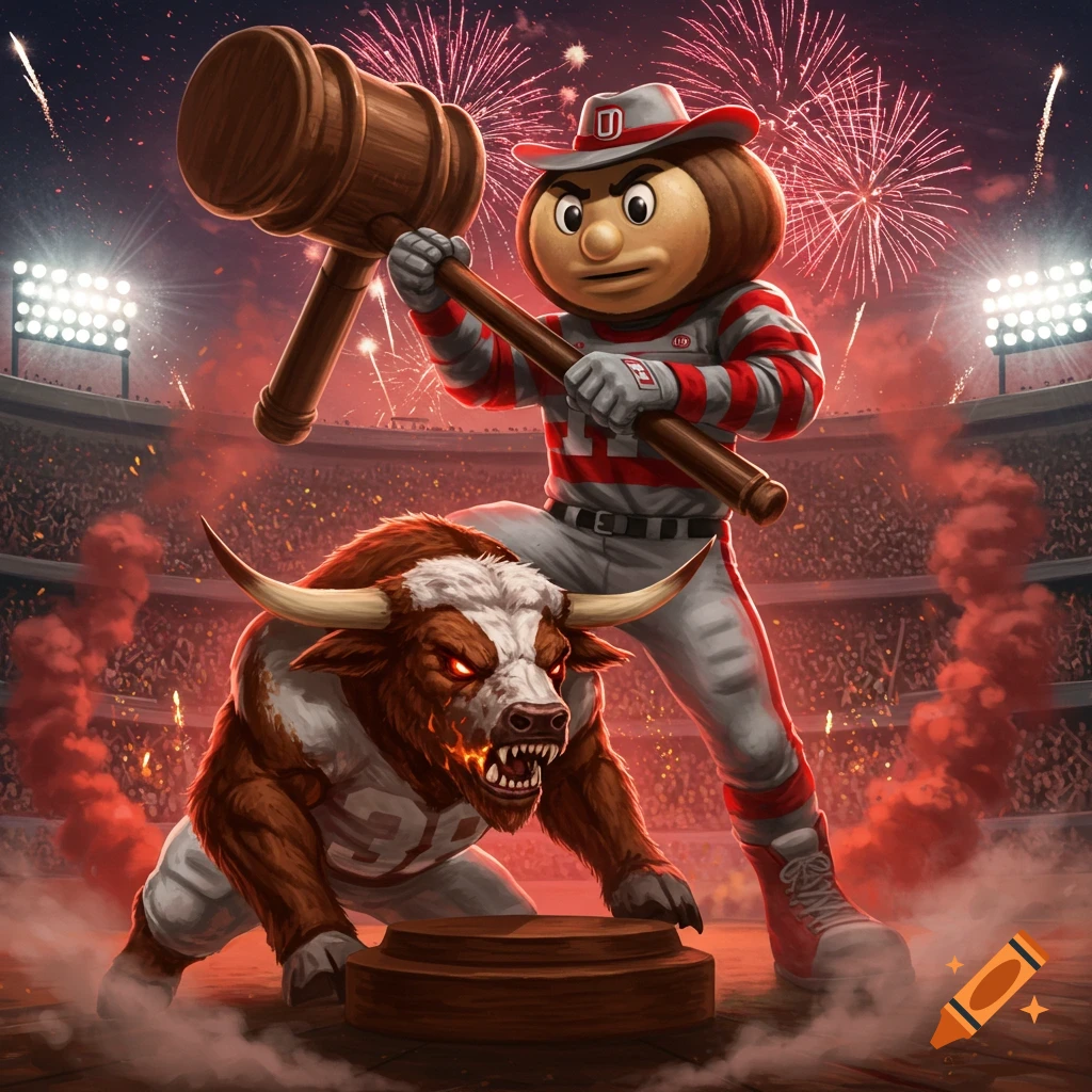 Brutus Buckeye mascot in a stadium holds a large gavel over a snarling, fiery longhorn bull wearing a jersey, with fireworks exploding above.
