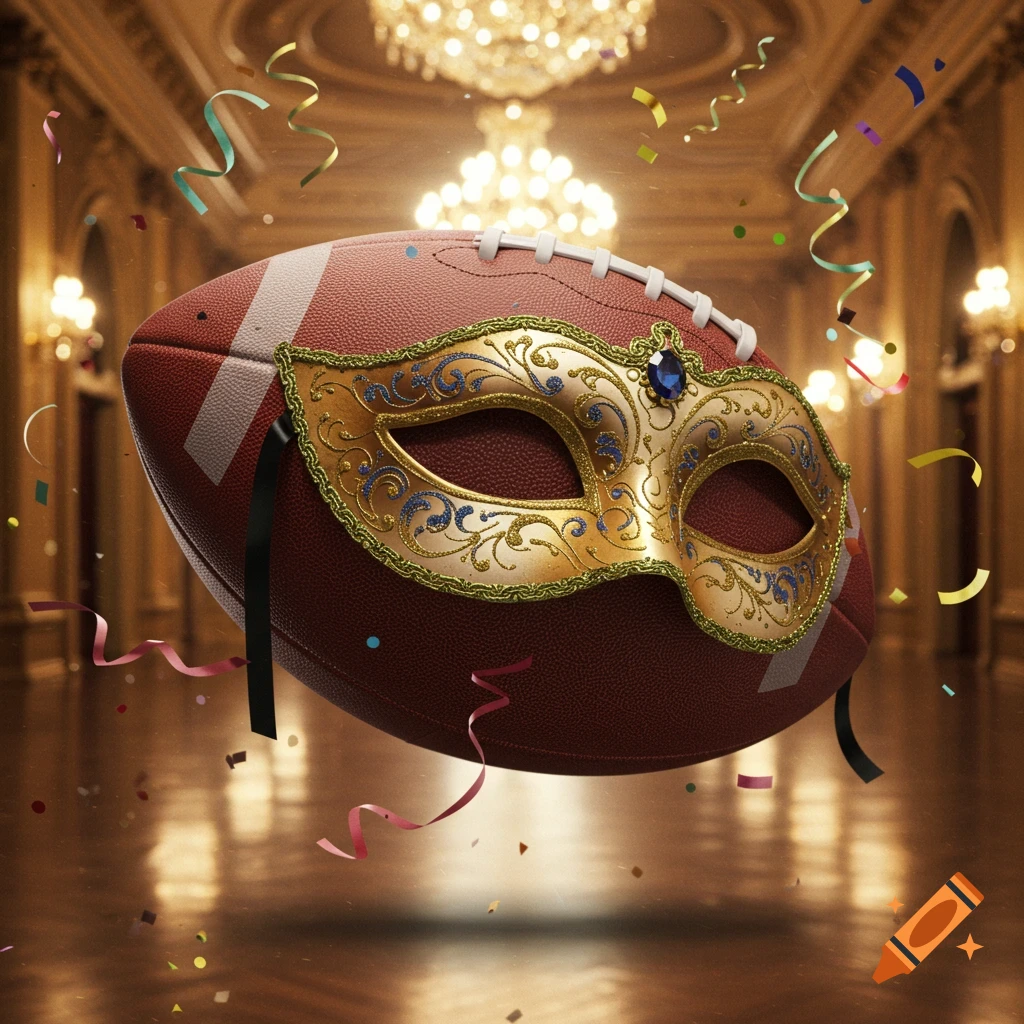 A football adorned with an ornate gold and blue masquerade mask floats in a grand, chandelier-lit ballroom with confetti falling.