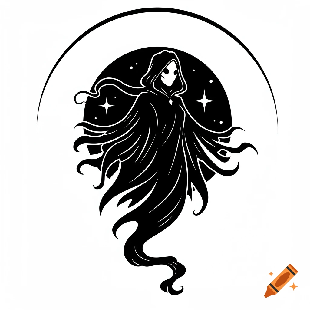 A black wraith-like specter in a vector-style stencil, with flowing robes against a dark circle with stars and a crescent moon outline.