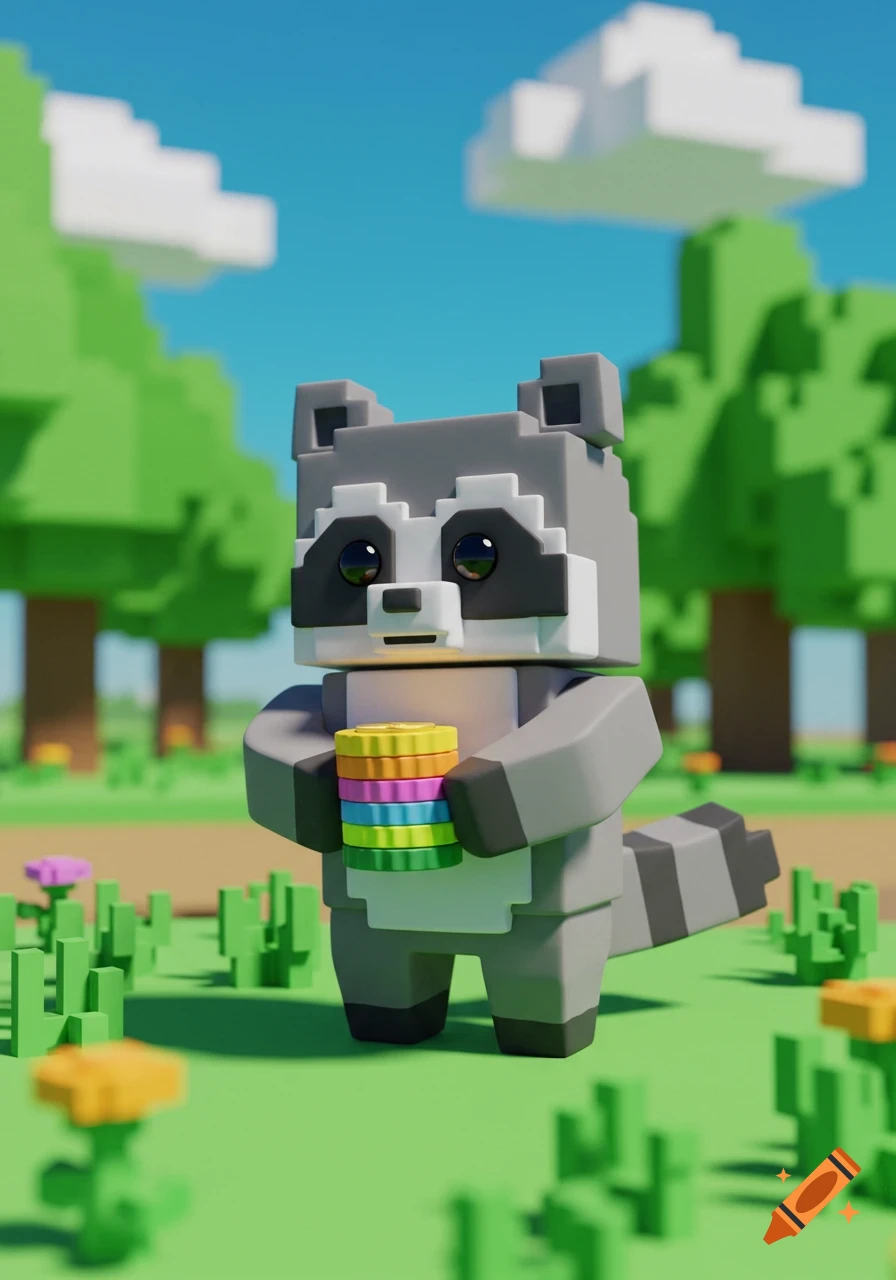 A cute, blocky raccoon holds a stack of colorful coins in a vibrant voxel art landscape with trees and clouds.