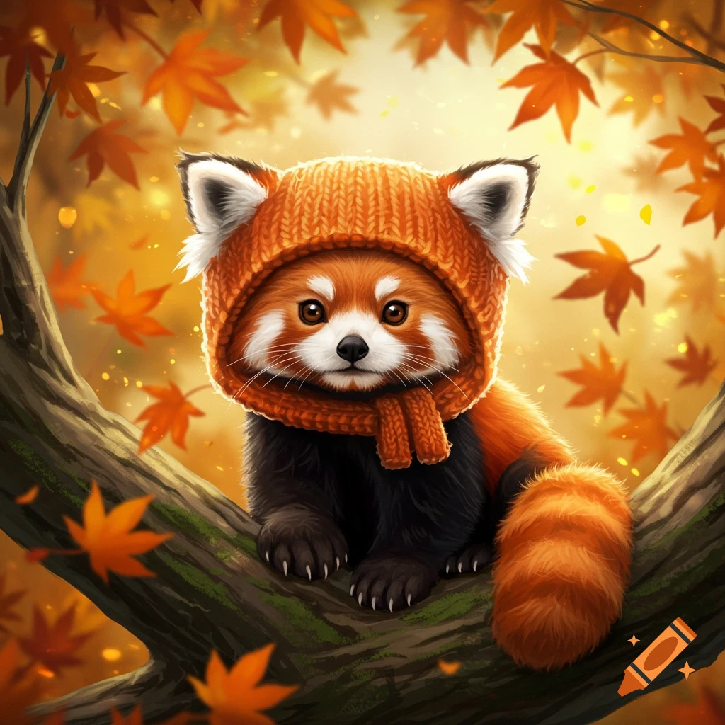 A cute illustrated red panda wearing an orange knitted hat and scarf sits on a tree branch amidst golden and orange autumn leaves.