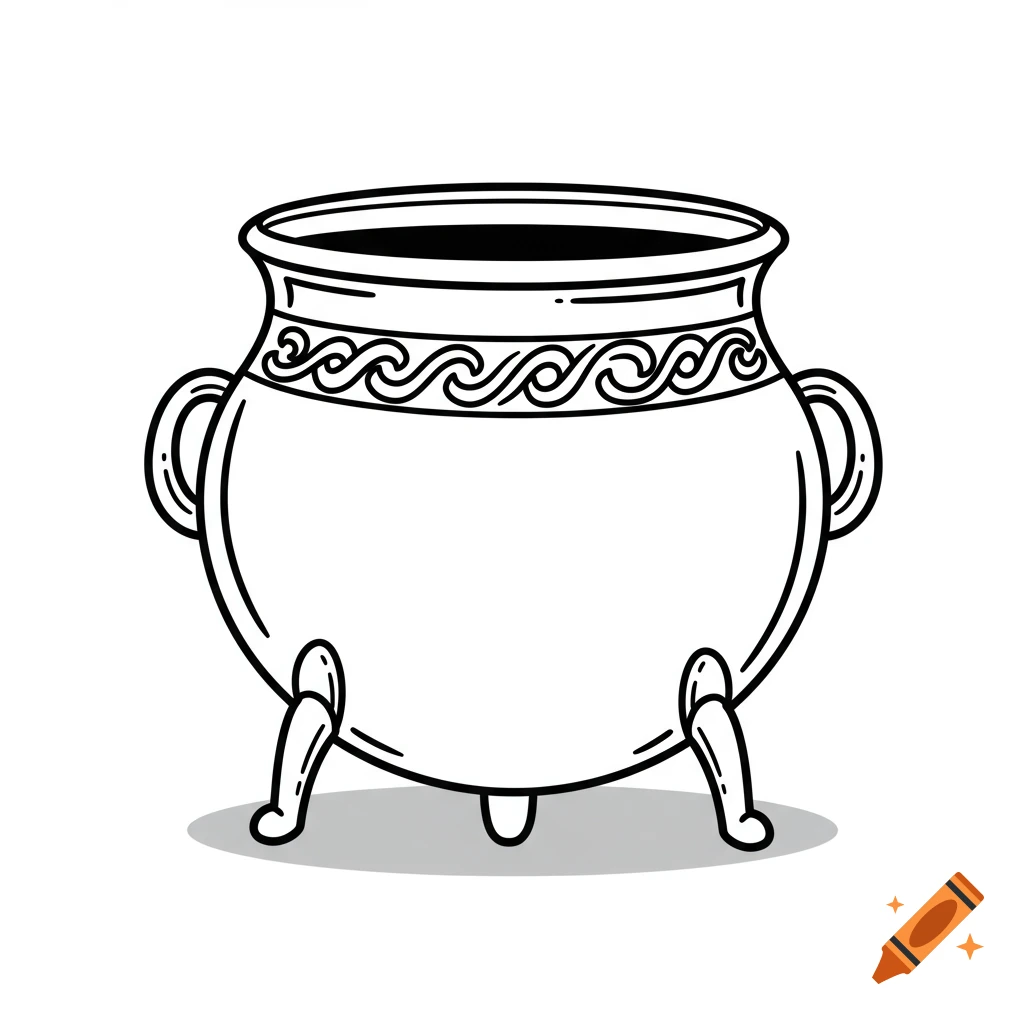 Black and white line art of a simple cauldron with a patterned band, handles, and three legs.