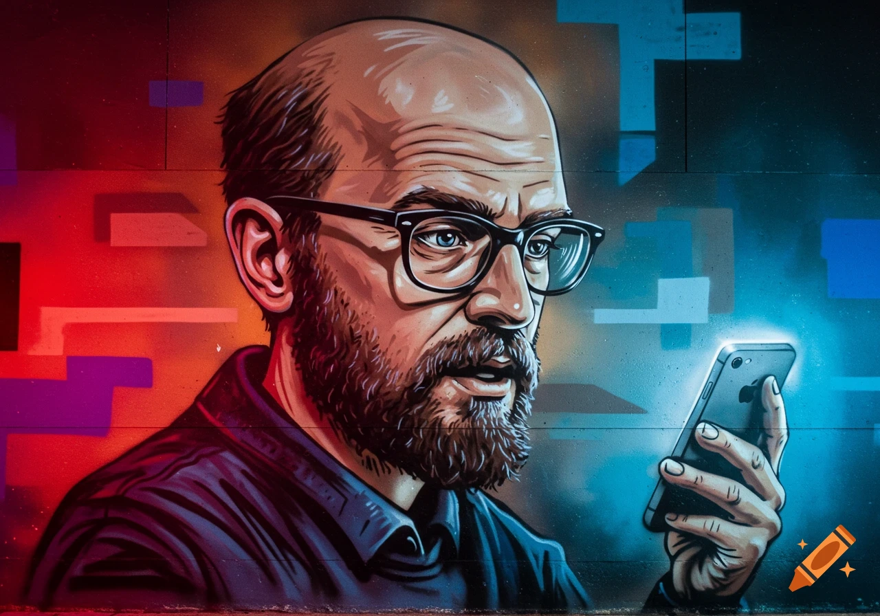 A spray-painted mural of a balding, bearded man with glasses looking intently at a glowing smartphone, against a pixelated red and blue background.