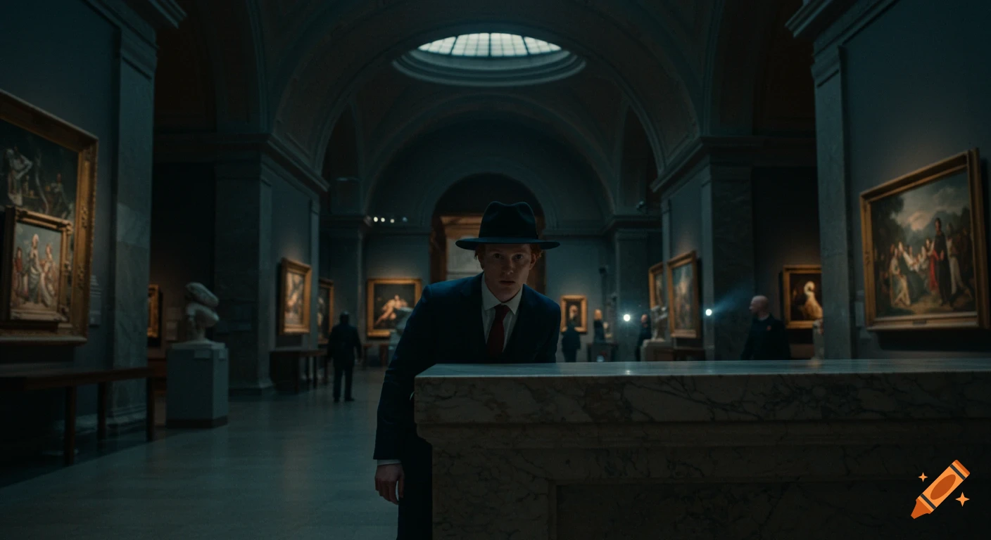 A young man in a navy blue suit and fedora peeks over a marble counter in a dark, empty art museum. Cinematic style.
