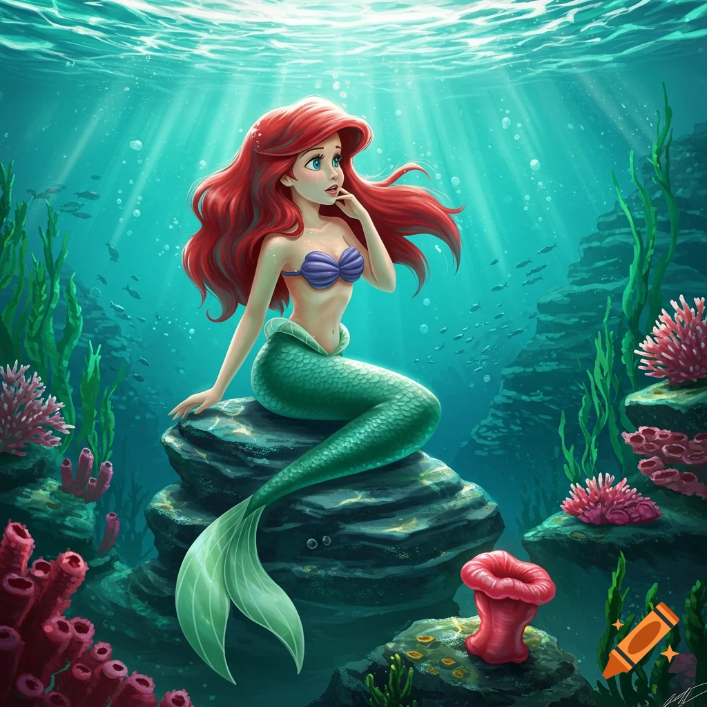 Animated Ariel the Little Mermaid with red hair and green tail sits on a rock underwater among coral and fish, with light shining from above.