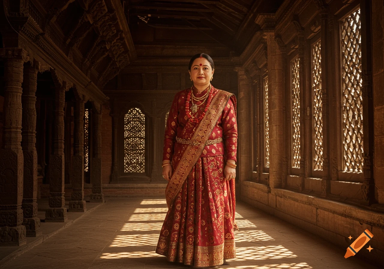 A woman in a red and gold traditional Nepali lehenga stands in a grand, ornate wooden hall with carved windows, photorealistic.