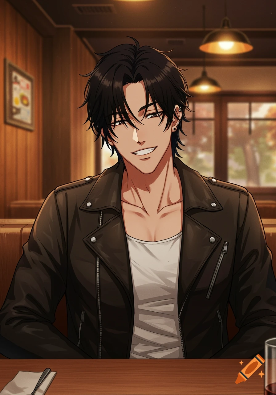 An anime man with black hair and piercings, wearing a leather jacket and white tank top, smiles while sitting at a restaurant table.