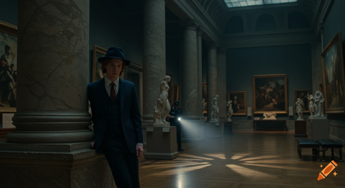 A young man in a navy suit and fedora leans on a marble column in a dark art museum, a security guard with a flashlight in the background.