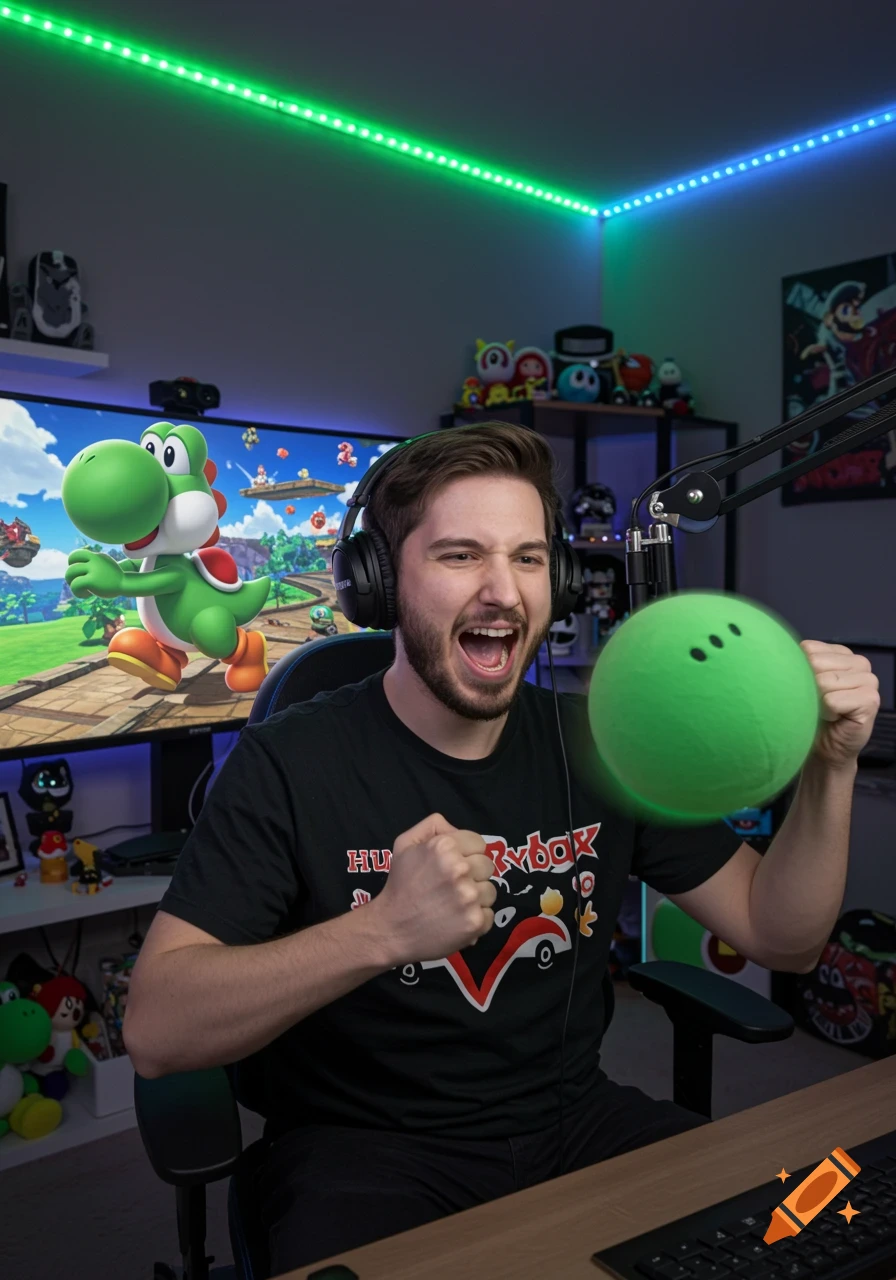 A male streamer cheers while holding a green ball, playing a Nintendo game with Yoshi on a large monitor, photorealistic.