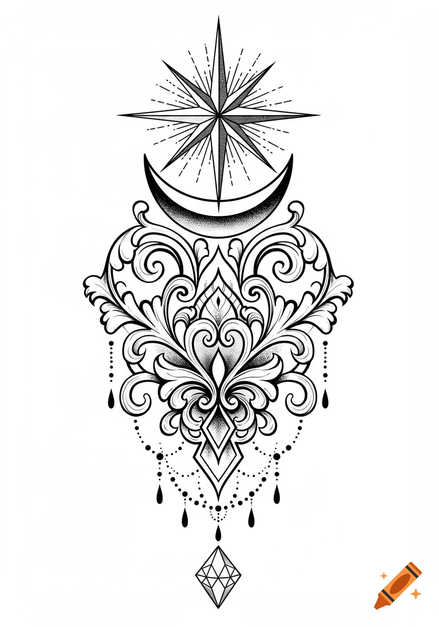 Black and white line art tattoo design featuring an eight-pointed star, crescent moon, ornate flourishes, hanging beads, and a diamond.