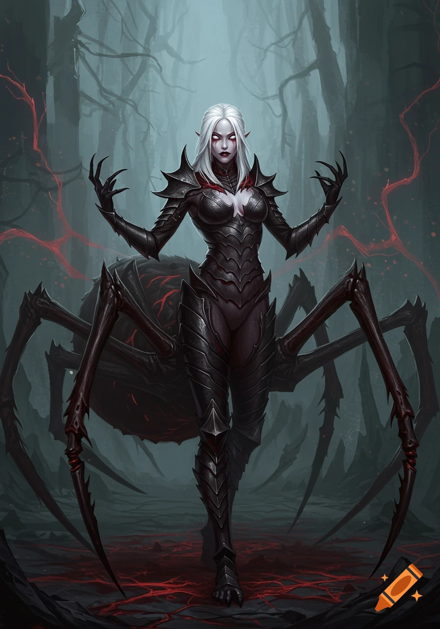 A pale-skinned, white-haired arachnid humanoid woman in dark armor stands in a misty forest, with glowing red veins on the ground and spider legs.