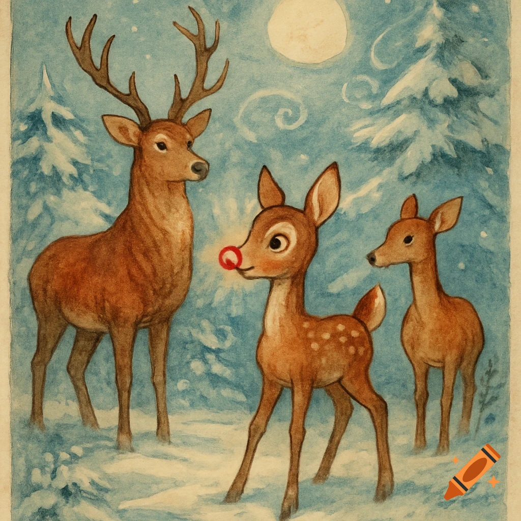 A vintage watercolor illustration depicts a large stag, a red-nosed fawn, and another fawn in a snowy forest under a full moon.