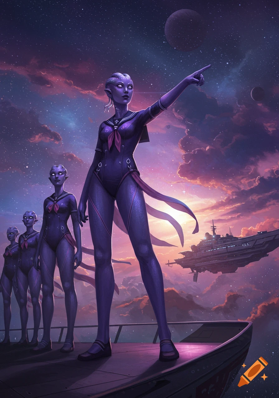 Giant alien female sailors in purple suits on a futuristic ship against a vibrant purple and pink cosmic sky with planets, one pointing.