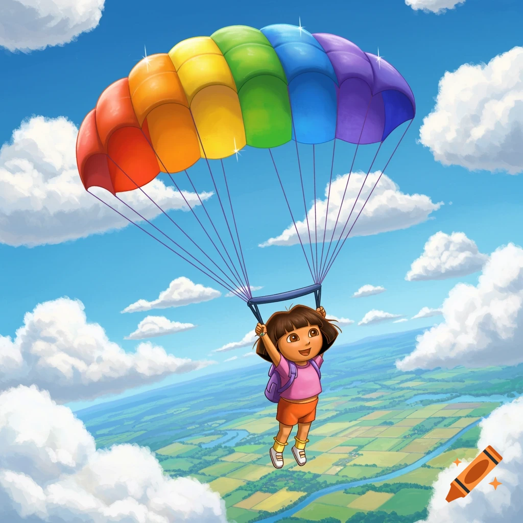 Cartoon Dora the Explorer smiles while parachuting with a rainbow parachute over a green landscape with clouds.
