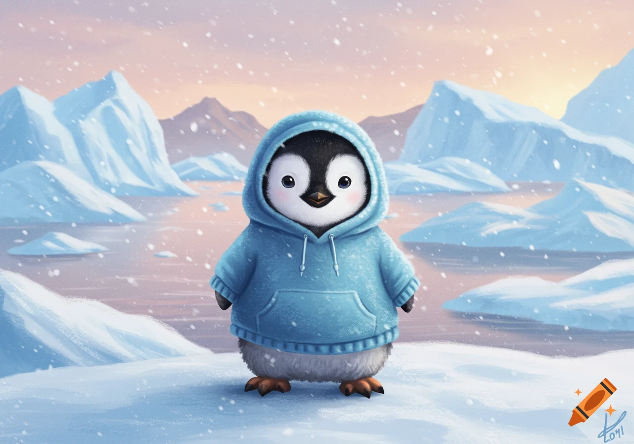 Cute cartoon baby penguin wearing a blue hoodie in a snowy arctic landscape.