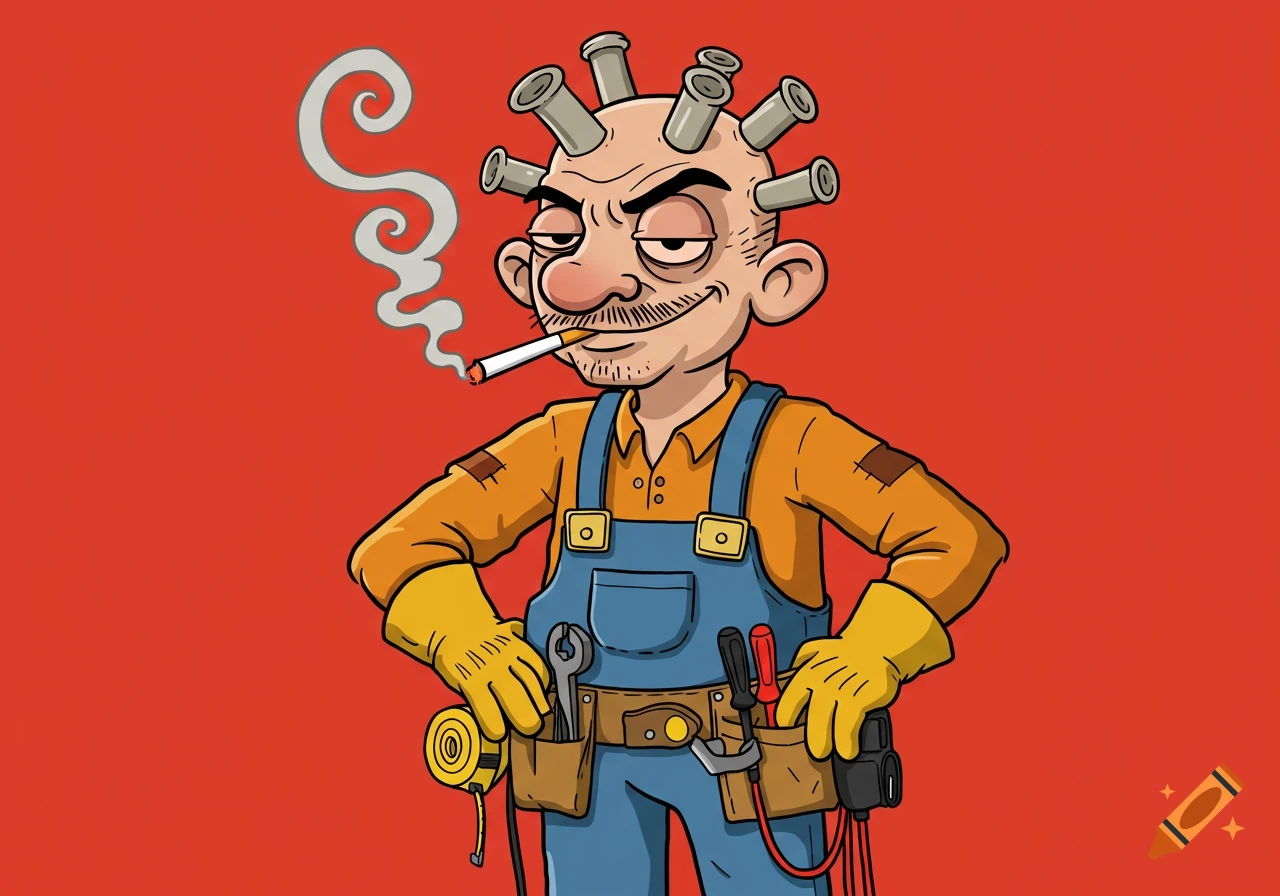 A smiling cartoon man with pipe hair plugs, a mustache, wearing overalls and gloves, smoking, with a tool belt of electrician's tools.