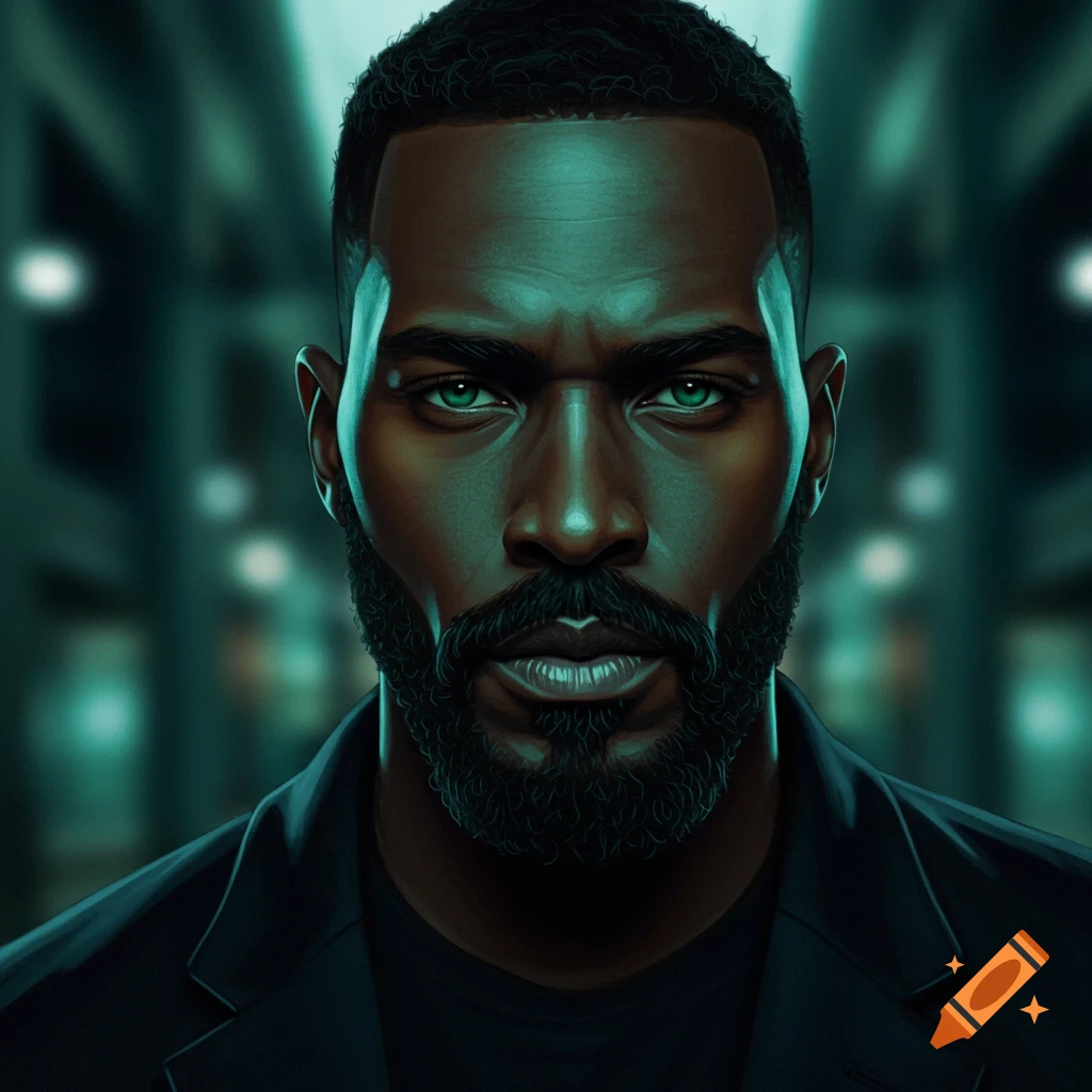 Close-up of a dark-skinned man with a beard and striking green eyes, wearing a dark jacket, in a dimly lit, blue-toned setting.