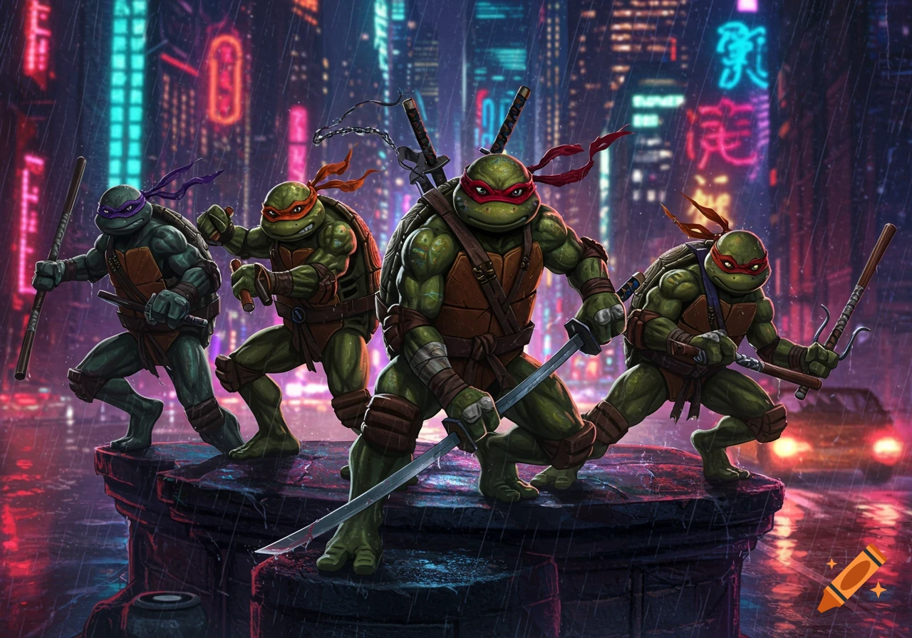 The four Teenage Mutant Ninja Turtles, wielding their weapons, stand on a wet rooftop in a rainy, neon-lit cyberpunk city at night.