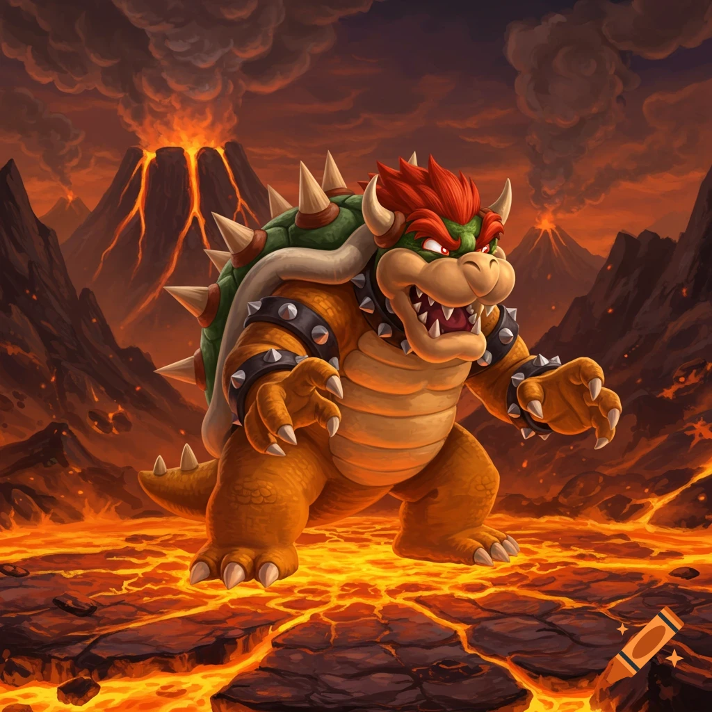 Bowser stands menacingly on cracked lava ground, with erupting volcanoes and dark, fiery skies in the background. Stylized illustration.