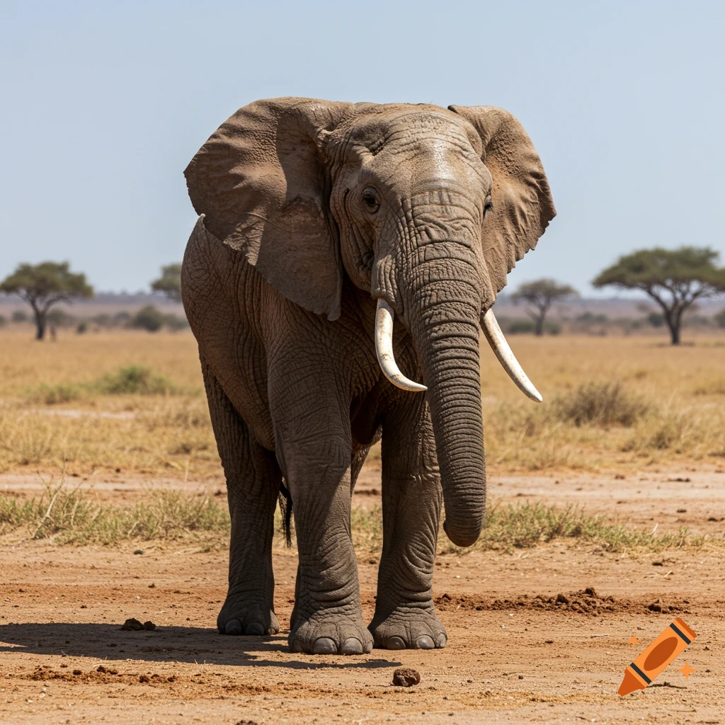A photorealistic depiction of a large, grey African elephant with tusks, standing in a dry savanna under a clear sky.