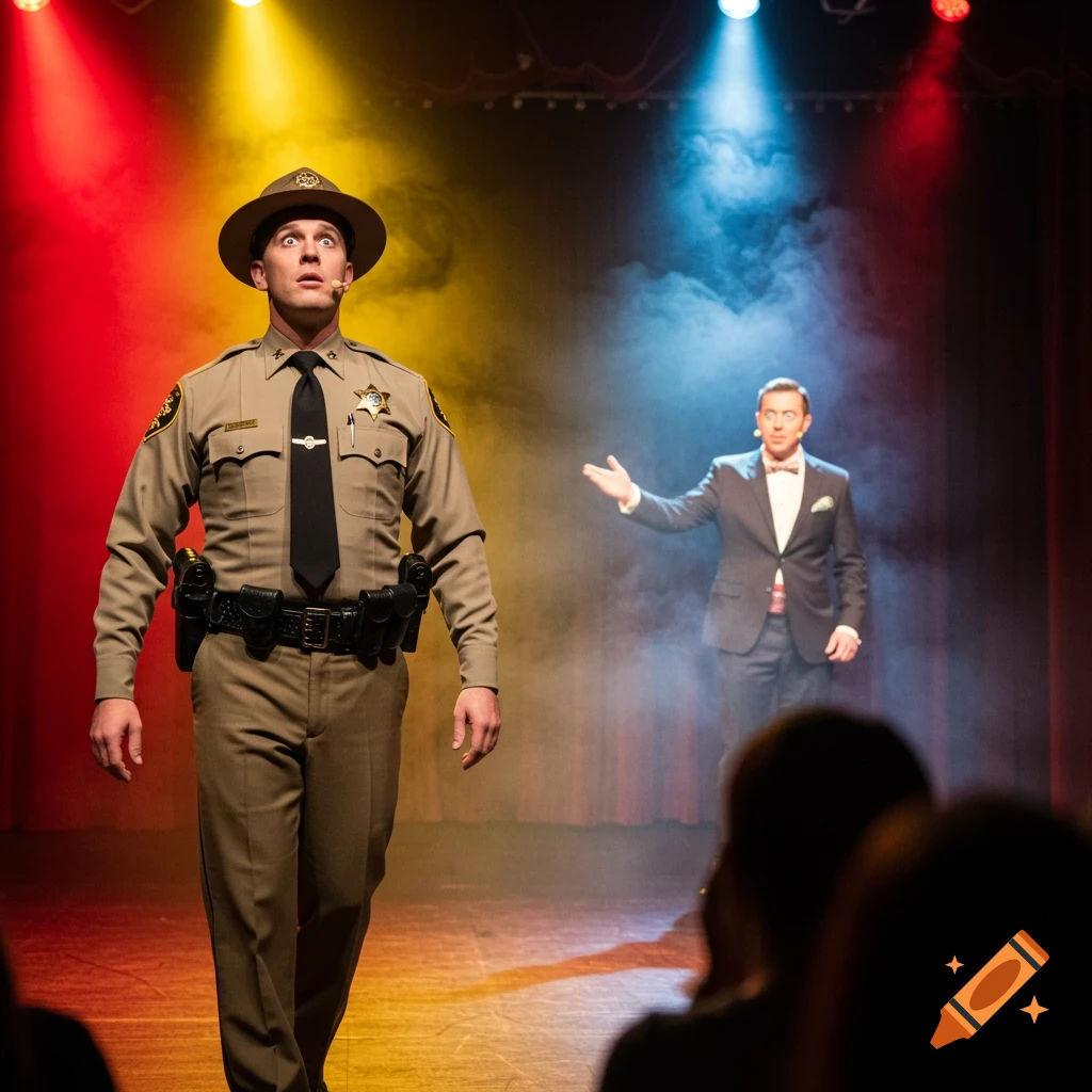 A man in a state trooper uniform with a wide-eyed expression walks on a stage towards a hypnotist in a suit, under colorful spotlights and smoke.