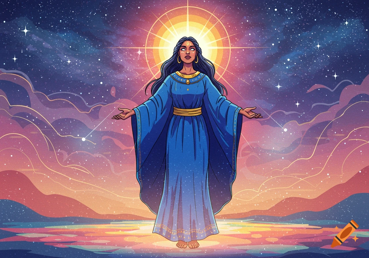 A spiritual woman in a blue robe stands with outstretched arms, illuminated by a bright halo against a vibrant, starry cosmic sky.