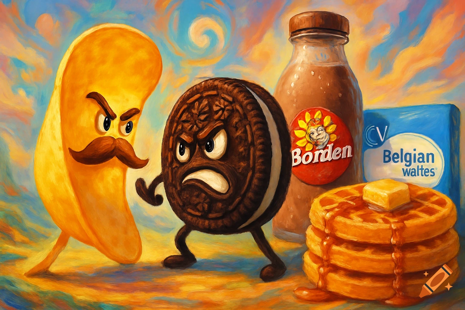 A cartoon Pringles chip with a mustache confronts an angry Oreo cookie, next to Borden milk and waffles, in a painterly style.