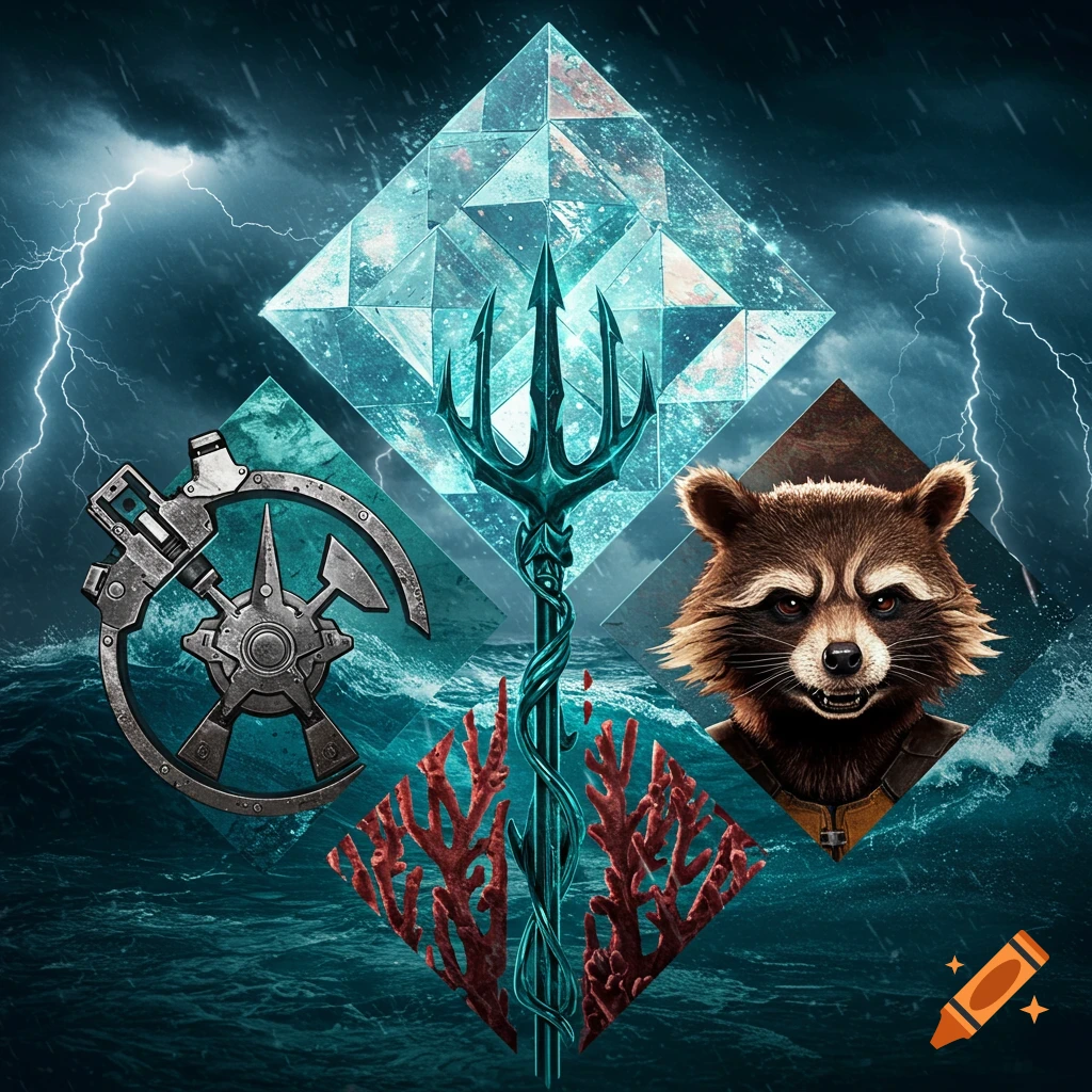 Superhero symbol mashup: A teal trident with red coral, a raccoon head, a gear-like wheel, and a faceted crystal against a stormy ocean background.